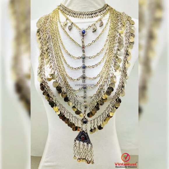 Bohemian Afghan Coin Necklace: Oversized Multi Strand Festival Choker Necklace - Picture 1 of 10